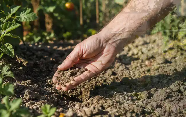 Hand prüft trockene krümelige Gartenerde während einer warmen Sommerphase; Thema Micro Drip Systeme, Schwerpunkt Systemvergleich; Kontrolle.