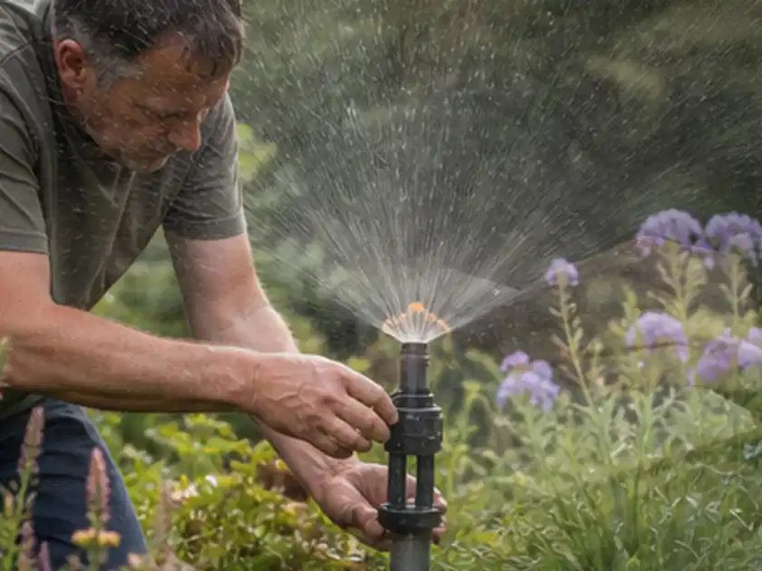 Person richtet einen laufenden Gartensprenger zwischen Stauden präzise aus; Thema Micro Drip Systeme, Schwerpunkt Testkriterien; Titelbild.