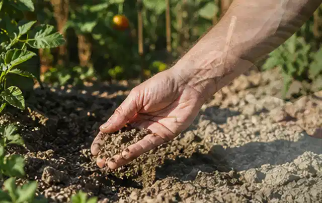 Hand prüft trockene krümelige Gartenerde während einer warmen Sommerphase; Thema Micro Drip Systeme, Schwerpunkt Testkriterien; Ausgangslage.