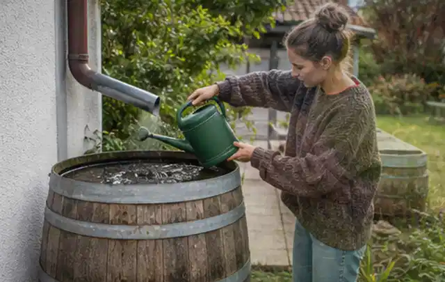 Person kontrolliert ein gefülltes Regenfass unter einem Fallrohr am Haus; Thema Micro Drip Systeme, Schwerpunkt Testkriterien; Umsetzung.