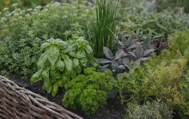 Dichtes Hochbeet mit Basilikum Schnittlauch Petersilie Salbei und weiteren Küchenkräutern; Thema Micro Drip Systeme, Schwerpunkt Testkriterien;…