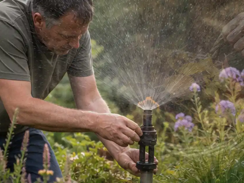 Person richtet einen laufenden Gartensprenger zwischen Stauden präzise aus; Thema Micro Drip Systeme, Schwerpunkt Vergleich; Titelbild.