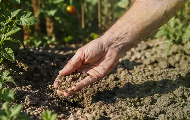 Hand prüft trockene krümelige Gartenerde während einer warmen Sommerphase; Thema Micro Drip Systeme, Schwerpunkt Vergleich; Umsetzung.