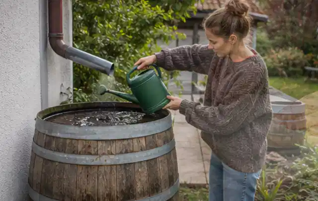 Person kontrolliert ein gefülltes Regenfass unter einem Fallrohr am Haus; Thema Micro Drip Systeme, Schwerpunkt Vergleich; Kontrolle.