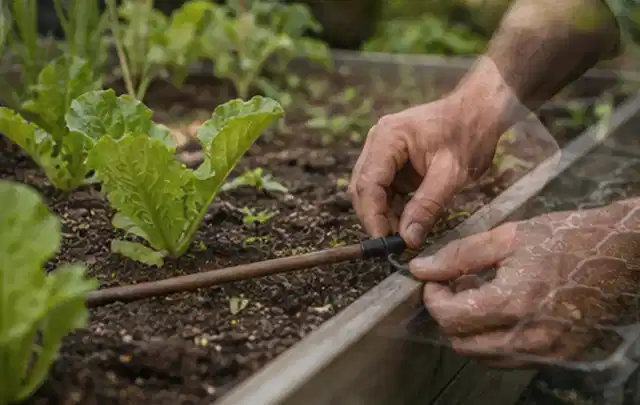 Hände befestigen einen Tropfschlauch nahe an jungen Pflanzen im Hochbeet; Thema Micro Drip Systeme, Schwerpunkt Vergleich; Ergebnis.