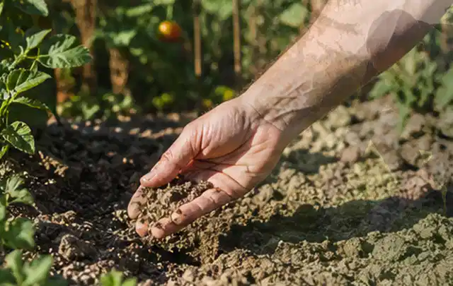 Hand prüft trockene krümelige Gartenerde während einer warmen Sommerphase; Thema Micro Drip Systeme, Schwerpunkt Wartung; Ausgangslage.