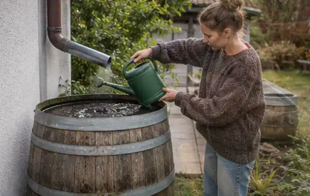 Person kontrolliert ein gefülltes Regenfass unter einem Fallrohr am Haus; Thema Micro Drip Systeme, Schwerpunkt Wartung; Ergebnis.