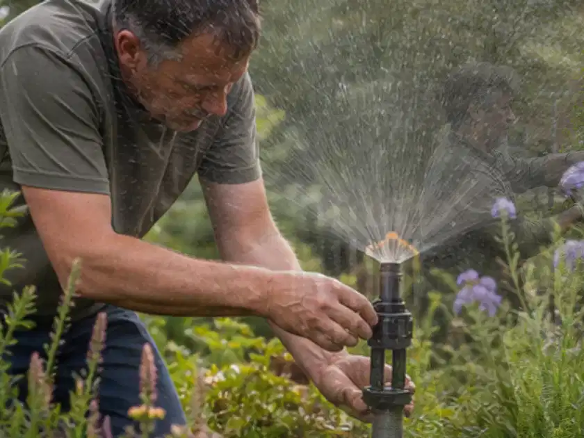 Person richtet einen laufenden Gartensprenger zwischen Stauden präzise aus; Thema Micro Drip Systeme, Schwerpunkt Winterlager; Titelbild.
