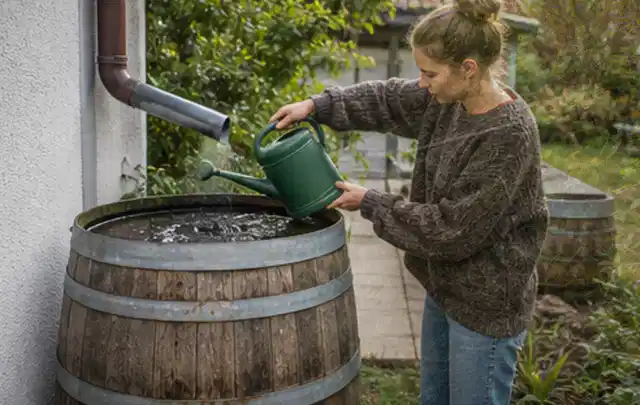 Person kontrolliert ein gefülltes Regenfass unter einem Fallrohr am Haus; Thema Micro Drip Systeme, Schwerpunkt Winterlager; Ausgangslage.