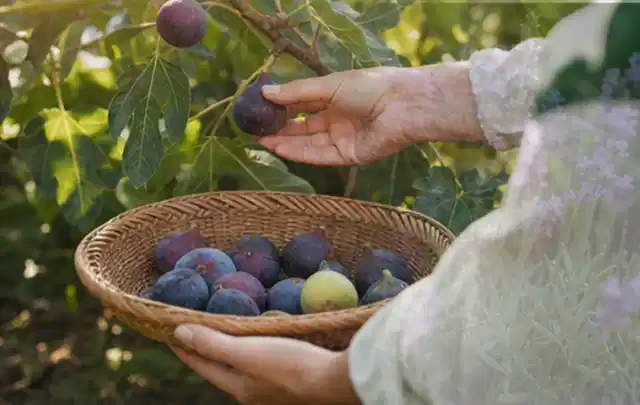 Hand pflückt eine reife Feige über einem flachen Korb mit Früchten; Thema Mini Gewächshaus, Schwerpunkt Dimensionierung; Ergebnis.
