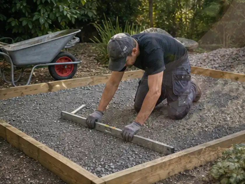 Person richtet eine verdichtete Kiesfläche mit Wasserwaage und Abziehlatte aus; Thema Mini Gewächshaus, Schwerpunkt Fundament; Titelbild.