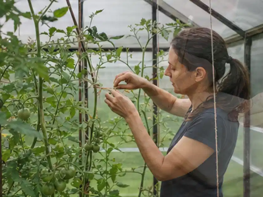 Person bindet junge Tomatentriebe in einem privaten Gewächshaus vorsichtig an; Thema Mini Gewächshaus, Schwerpunkt Pflege; Titelbild.