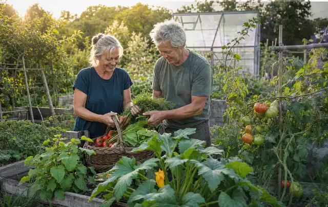 Zwei Personen ernten gemeinsam Gemüse in einem sonnigen Nutzgarten; Thema Mini Gewächshaus, Schwerpunkt Pflege; Praxisalltag.