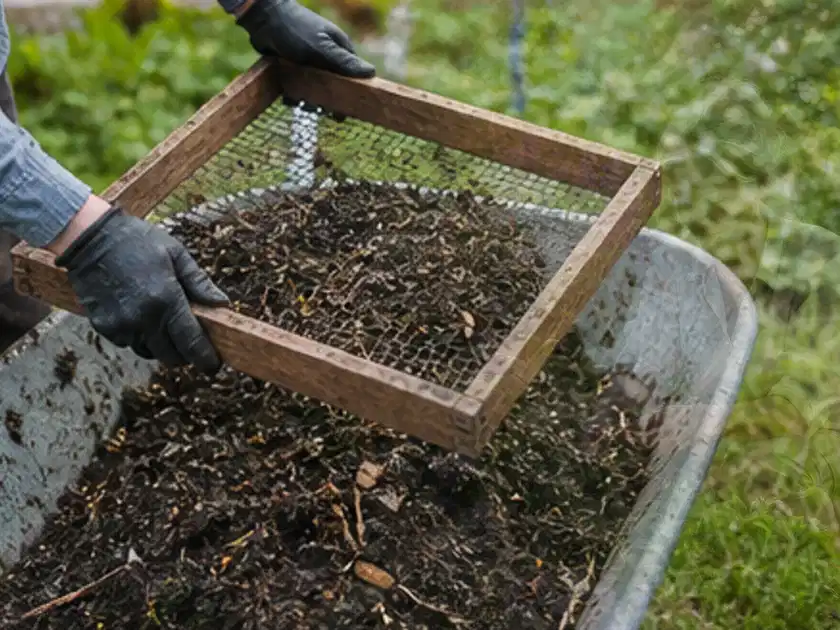Behandschuhte Hände sieben reifen Kompost über einer Gartenschubkarre; Thema Mini Gewächshaus, Schwerpunkt Planung; Titelbild.