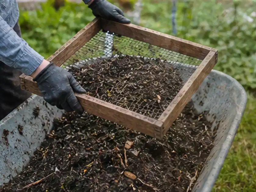 Behandschuhte Hände sieben reifen Kompost über einer Gartenschubkarre; Thema Mini Gewächshaus, Schwerpunkt Standort; Titelbild.