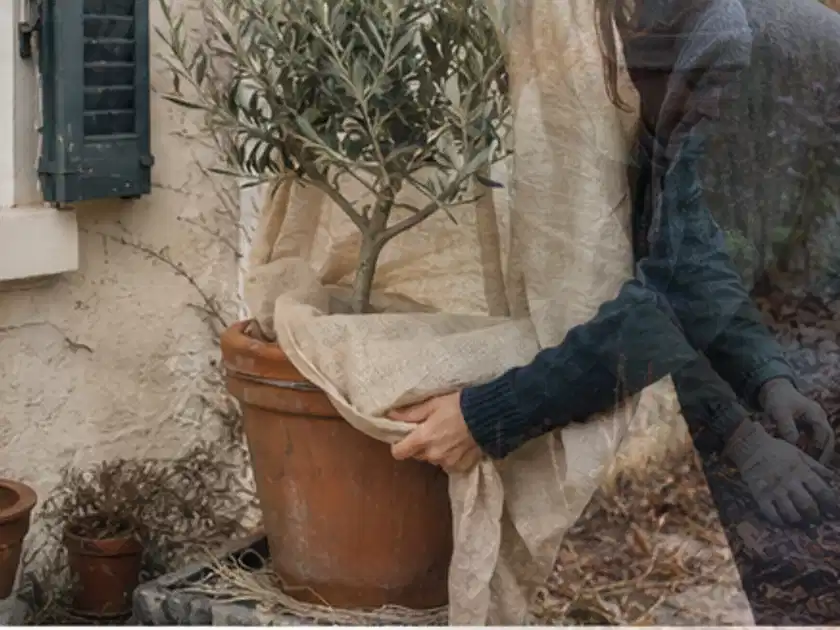 Person umhüllt eine mediterrane Kübelpflanze mit atmungsaktivem Winterschutz; Thema Mini Gewächshaus, Schwerpunkt Winterschutz; Titelbild.