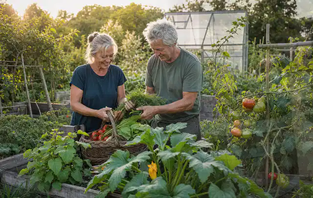 Zwei Personen ernten gemeinsam Gemüse in einem sonnigen Nutzgarten; Thema Mini Gewächshaus, Schwerpunkt Winterschutz; Kontrolle.