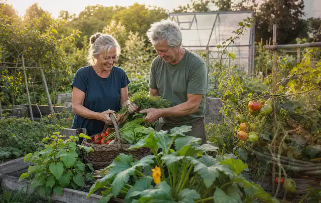 Zwei Personen ernten gemeinsam Gemüse in einem sonnigen Nutzgarten; Thema Minze, Schwerpunkt Gesundheit; Umsetzung.