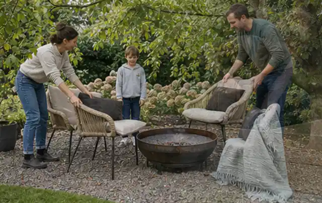 Familie stellt wetterfeste Sessel an einem geschützten Sitzplatz im Garten auf; Thema Mobiler Sichtschutz, Schwerpunkt Aufbau; Ergebnis.