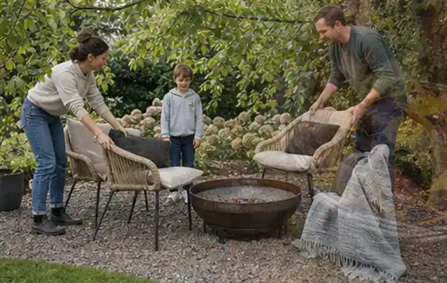 Familie stellt wetterfeste Sessel an einem geschützten Sitzplatz im Garten auf; Thema Mobiler Sichtschutz, Schwerpunkt Baurecht; Ausgangslage.