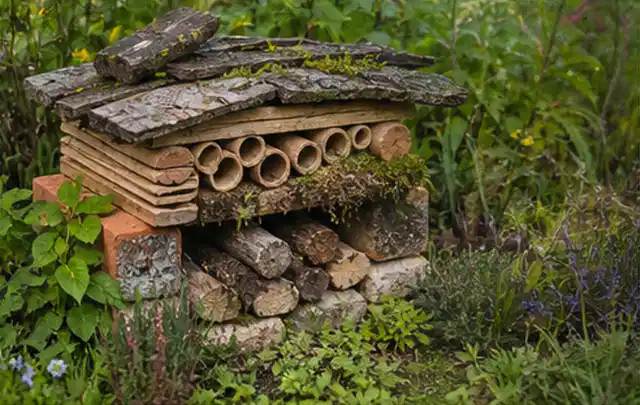 Naturnaher Unterschlupf aus Holz Rinde und Pflanzenstängeln im Garten; Thema Mobiler Sichtschutz, Schwerpunkt Baurecht; Kontrolle.