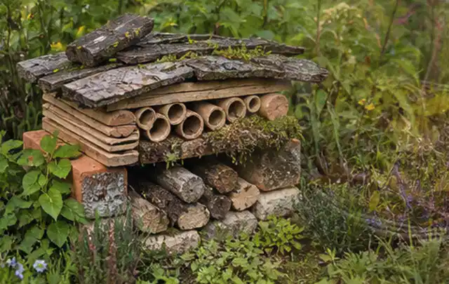 Naturnaher Unterschlupf aus Holz Rinde und Pflanzenstängeln im Garten; Thema Mobiler Sichtschutz, Schwerpunkt Checkliste; Umsetzung.