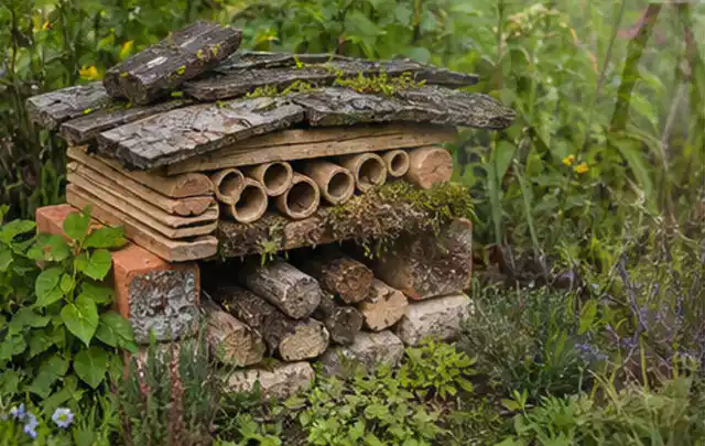 Naturnaher Unterschlupf aus Holz Rinde und Pflanzenstängeln im Garten; Thema Mobiler Sichtschutz, Schwerpunkt Dimensionierung; Umsetzung.