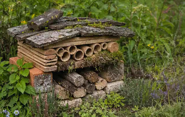 Naturnaher Unterschlupf aus Holz Rinde und Pflanzenstängeln im Garten; Thema Mobiler Sichtschutz, Schwerpunkt DIY; Umsetzung.