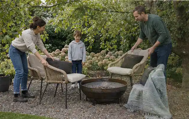Familie stellt wetterfeste Sessel an einem geschützten Sitzplatz im Garten auf; Thema Mobiler Sichtschutz, Schwerpunkt DIY; Kontrolle.