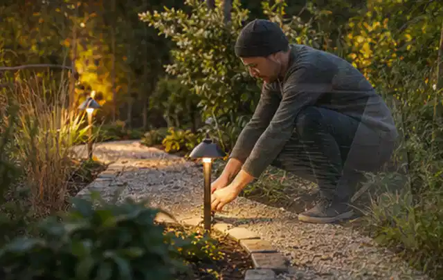 Person richtet eine niedrige warm leuchtende Gartenlampe am Kiesweg aus; Thema Mobiler Sichtschutz, Schwerpunkt DIY; Praxisalltag.