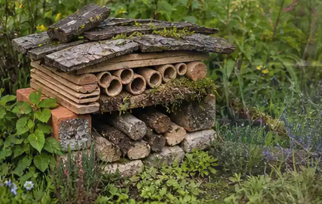 Naturnaher Unterschlupf aus Holz Rinde und Pflanzenstängeln im Garten; Thema Mobiler Sichtschutz, Schwerpunkt Fehlerhilfe; Praxisalltag.