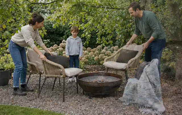 Familie stellt wetterfeste Sessel an einem geschützten Sitzplatz im Garten auf; Thema Mobiler Sichtschutz, Schwerpunkt Fundament; Ergebnis.