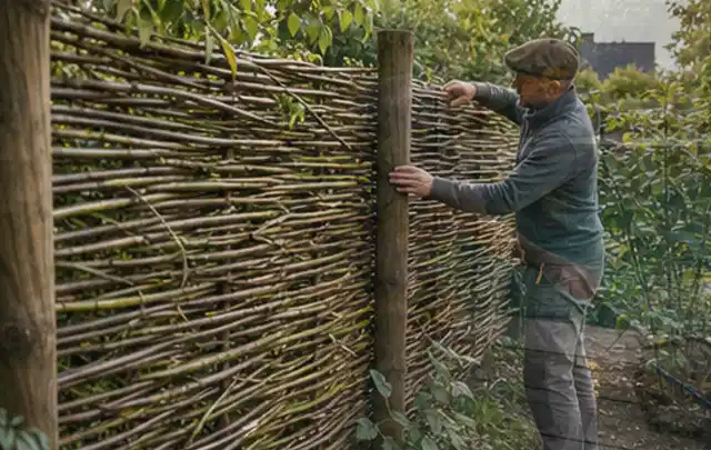 Person befestigt geflochtene Weidenruten an stabilen Holzpfosten im Garten; Thema Mobiler Sichtschutz, Schwerpunkt Fundament; Praxisalltag.