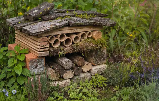 Naturnaher Unterschlupf aus Holz Rinde und Pflanzenstängeln im Garten; Thema Mobiler Sichtschutz, Schwerpunkt Gärten mit kleiner Fläche; Ausgangslage.