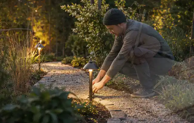 Person richtet eine niedrige warm leuchtende Gartenlampe am Kiesweg aus; Thema Mobiler Sichtschutz, Schwerpunkt Gärten mit kleiner Fläche; Kontrolle.