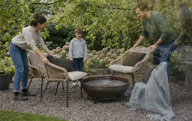 Familie stellt wetterfeste Sessel an einem geschützten Sitzplatz im Garten auf; Thema Mobiler Sichtschutz, Schwerpunkt Gärten mit kleiner Fläche; Ergebnis.