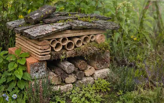 Naturnaher Unterschlupf aus Holz Rinde und Pflanzenstängeln im Garten; Thema Mobiler Sichtschutz, Schwerpunkt Gestaltung; Kontrolle.