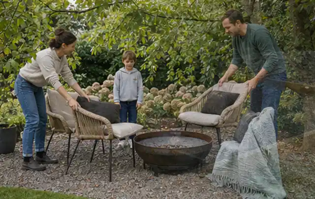 Familie stellt wetterfeste Sessel an einem geschützten Sitzplatz im Garten auf; Thema Mobiler Sichtschutz, Schwerpunkt Gestaltung; Ergebnis.