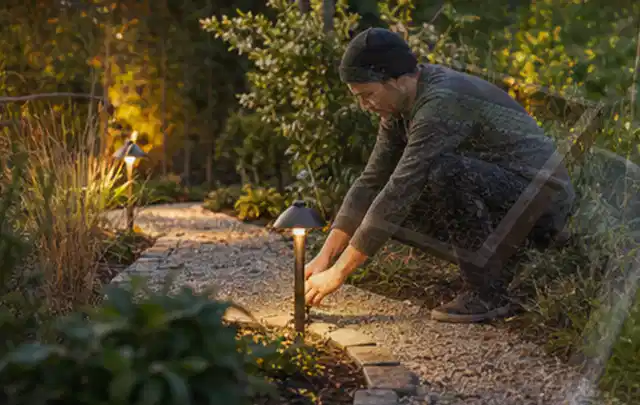 Person richtet eine niedrige warm leuchtende Gartenlampe am Kiesweg aus; Thema Mobiler Sichtschutz, Schwerpunkt Kosten; Umsetzung.