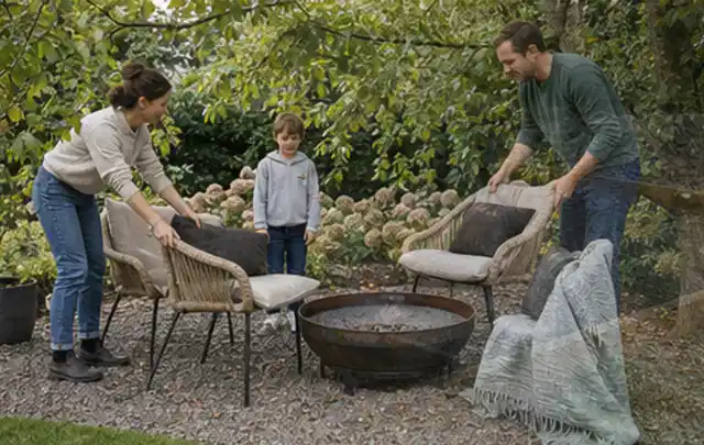 Familie stellt wetterfeste Sessel an einem geschützten Sitzplatz im Garten auf; Thema Mobiler Sichtschutz, Schwerpunkt Kosten; Kontrolle.