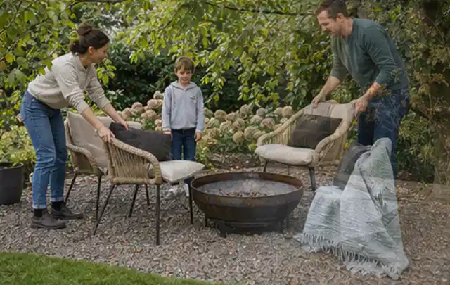 Familie stellt wetterfeste Sessel an einem geschützten Sitzplatz im Garten auf; Thema Mobiler Sichtschutz, Schwerpunkt Materialwahl; Ergebnis.