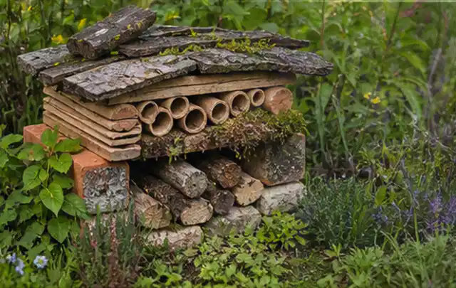 Naturnaher Unterschlupf aus Holz Rinde und Pflanzenstängeln im Garten; Thema Mobiler Sichtschutz, Schwerpunkt Materialwahl; Praxisalltag.