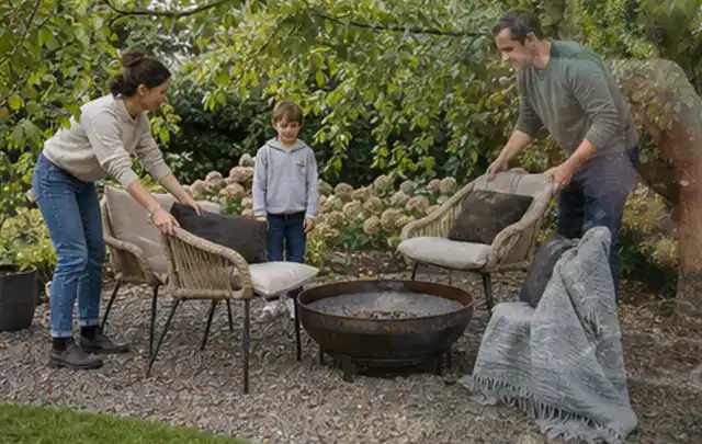 Familie stellt wetterfeste Sessel an einem geschützten Sitzplatz im Garten auf; Thema Mobiler Sichtschutz, Schwerpunkt Nachhaltigkeit; Umsetzung.