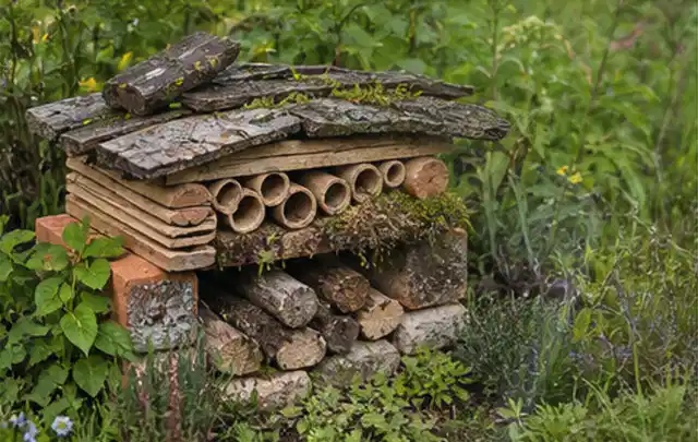 Naturnaher Unterschlupf aus Holz Rinde und Pflanzenstängeln im Garten; Thema Mobiler Sichtschutz, Schwerpunkt Pflege; Umsetzung.