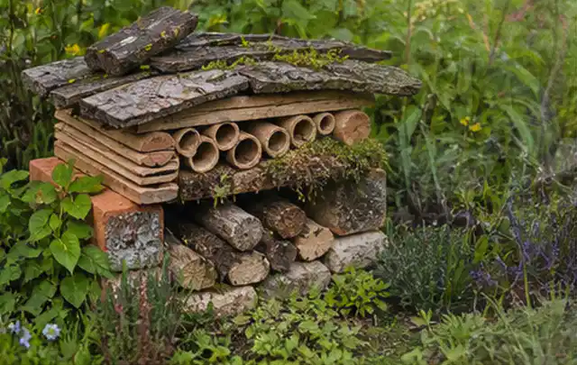 Naturnaher Unterschlupf aus Holz Rinde und Pflanzenstängeln im Garten; Thema Mobiler Sichtschutz, Schwerpunkt Planung; Ausgangslage.