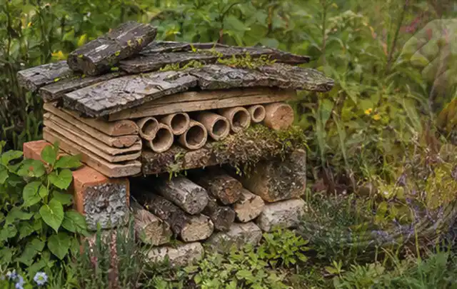 Naturnaher Unterschlupf aus Holz Rinde und Pflanzenstängeln im Garten; Thema Mobiler Sichtschutz, Schwerpunkt Winterschutz; Ausgangslage.