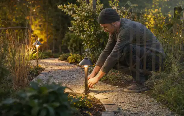 Person richtet eine niedrige warm leuchtende Gartenlampe am Kiesweg aus; Thema Mobiler Sichtschutz, Schwerpunkt Winterschutz; Umsetzung.