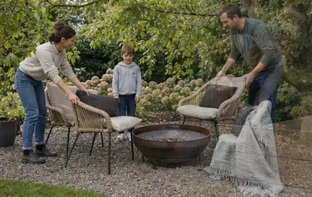 Familie stellt wetterfeste Sessel an einem geschützten Sitzplatz im Garten auf; Thema Mobiler Sichtschutz, Schwerpunkt Winterschutz; Kontrolle.
