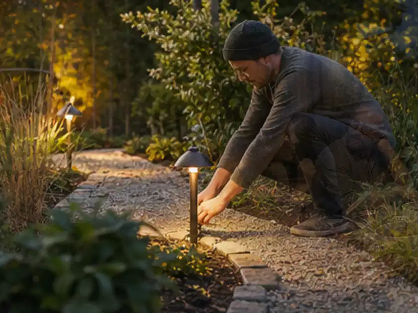Person richtet eine niedrige warm leuchtende Gartenlampe am Kiesweg aus; Thema Moderner Garten, Schwerpunkt Anleitung; Titelbild.