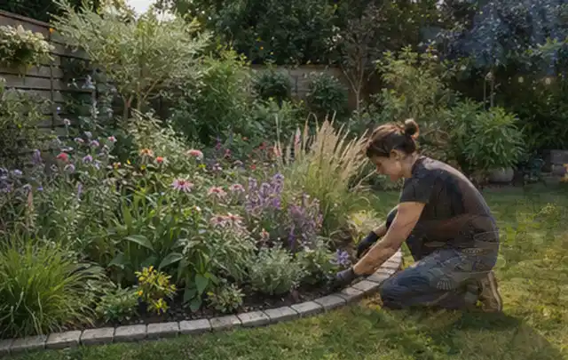 Person pflegt die klare Kante eines geschwungenen blühenden Staudenbeets; Thema Moderner Garten, Schwerpunkt Anleitung; Ausgangslage.